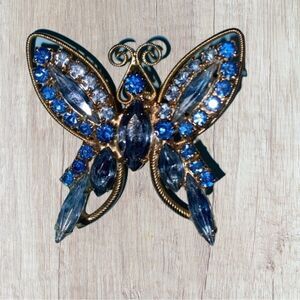 Vintage Blue Rhinestone Butterfly Brooch